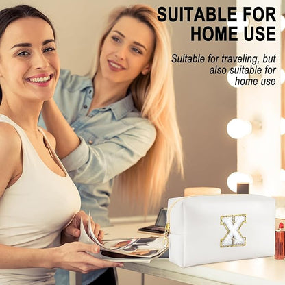 Gifts for Girls Initial Makeup Bag Personalized Cosmetic Bag with Zipper Cute Travel Toiletry Bags Waterproof PU Preppy Makeup Pouch Birthday Gift for Teen Girls Women(White X)