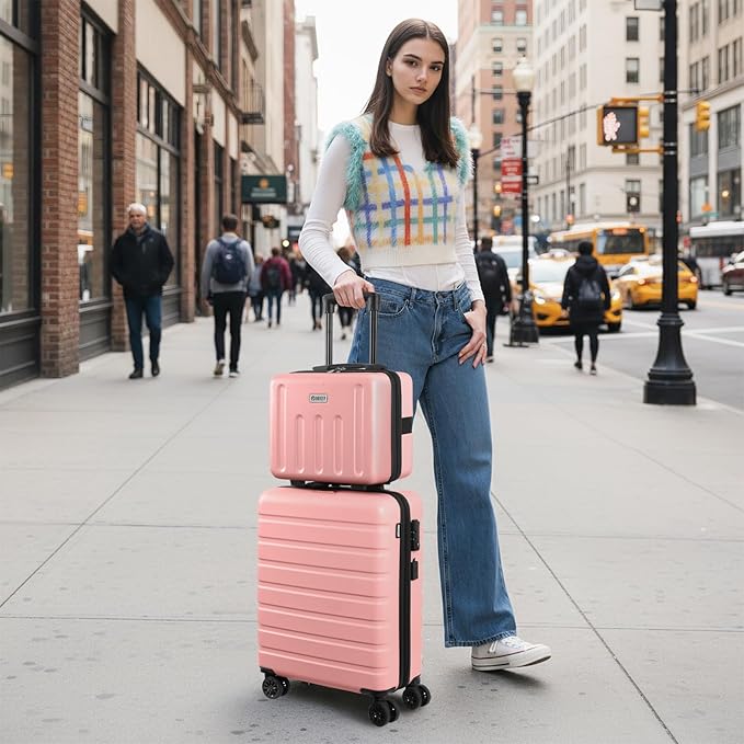 AnyZip Suitcase, 20" Carry On Luggage 14" Mini Cosmetic Cases Luggage Sets Hardside PC ABS Lightweight USB Suitcase with Wheels TSA for kids (2 Piece Set 14/20, Pink)