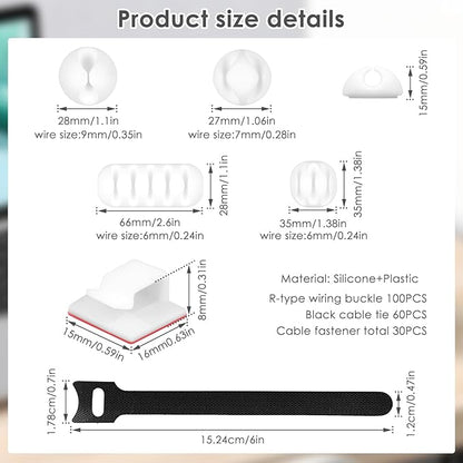 190 PCS Silicone Cord Holder Set with 100 x Type R Cable Clips 30 x Multi-Type Adhesive Cable Clips 60 x 6inch Reusable Fastening Cord Ties Wire Organizer for Nightstand Desk Office or Ethernet Cable
