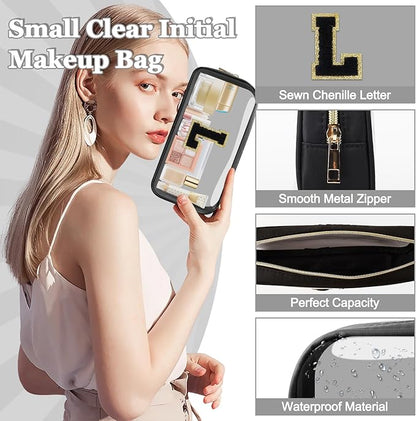 Small Clear Personalized Initial Makeup Bag,Nylon Preppy A-Z Chenille Letter Patch Cosmetic Pouch Beach Toiletry Bag,Waterproof Zipper Travel Purse Storage Bag Organizer for Women Girls(Black-Black L)