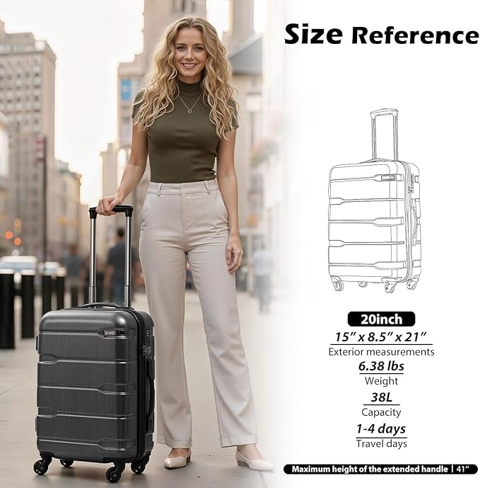 Coolife Luggage PC+ABS Hardshell Suitcase with TSA Lock, Spinner Carry On Lightweight（Charcoal, 20in）