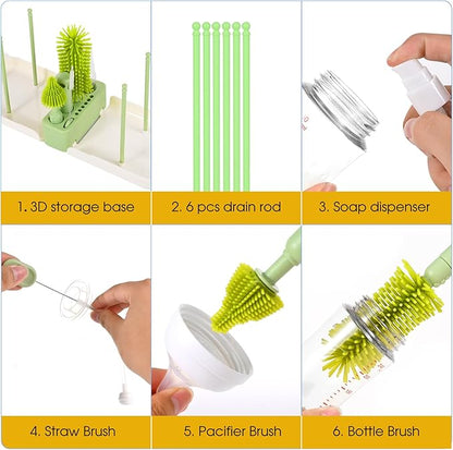 Portable 7-in-1 Baby Bottle Brush Set, Travel Cleaner Kit for Travel and Home, All-in-One Travel Baby Bottle Washing Kit: Integrated Cleaning & Drying System for Bottles and Breast Pump Parts (Green)