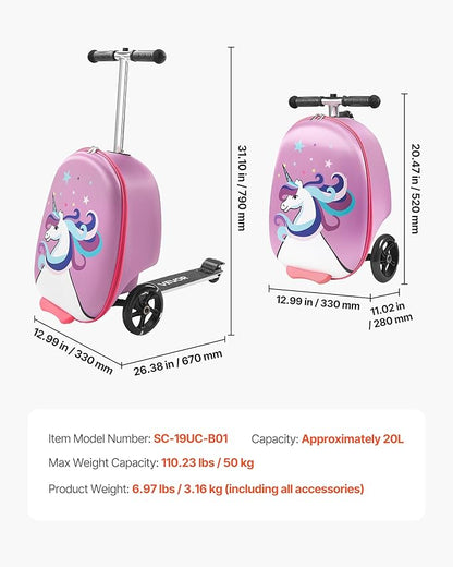 VEVOR Ride-on Luggage, 20 L Capacity, 20 Inches Kids Scooter Suitcase with Flash PU Wheels, Adjustable Handle & TPR Non-Slip Grip, Foldable & Lightweight Scooter Luggage for Kids Aged 5+, Purple