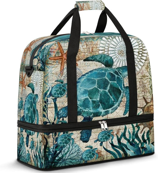 Turtle Foldable Travel Duffel Bag, Expandable Sports Gym Bag with Shoes Compartment Weekender Overnight Totes Bags for Women Men