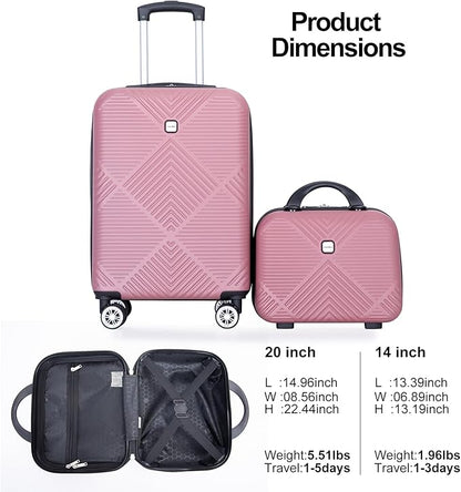 2 Piece Carry on Luggage Set, Airline Approved 20 Inch Luggage with Cosmetic Case Hard Shell Suitcase with Spinner Wheels, Rose Pink