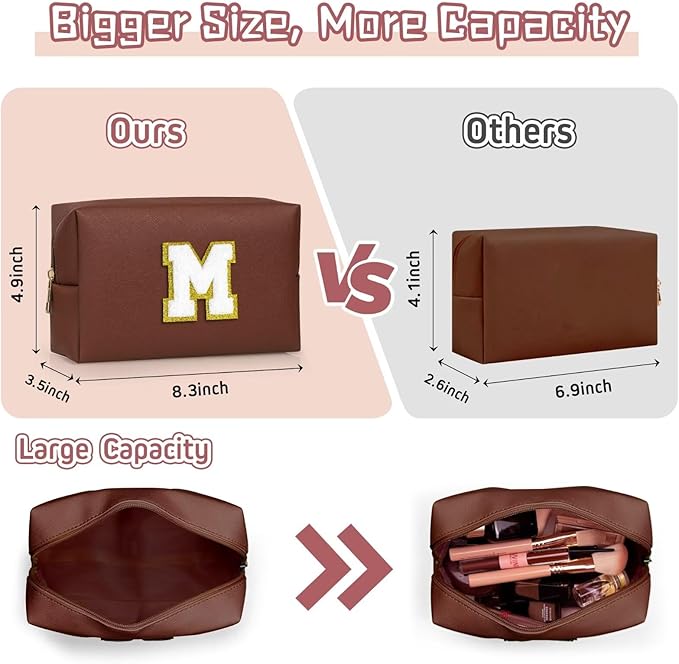 TOPEAST Preppy Makeup Bag, Cute Makeup Pouch PU Leather Waterproof Cosmetic Bag, Personalized Birthday Gifts for Mom Teacher Friends Bridesmaids Nurse, Trendy Stuff for Girls (Brown I)
