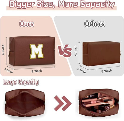 TOPEAST Cosmetic Travel Bags for Women, Preppy Small Makeup Bag, PU Leather Waterproof Toiletry Bag, Unique Friendship Gifts for Friends Coworker, Cute Stuff for Girls (Brown R)