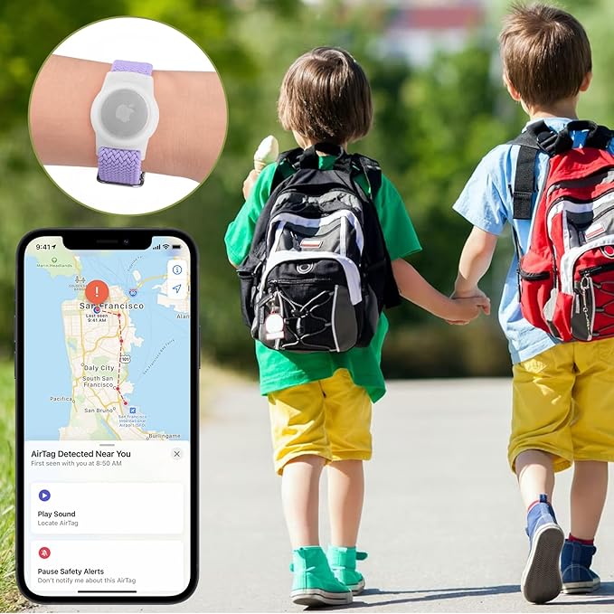 Vanjua Wristband for Apple AirTag, Protective Case Compatible with Air Tag GPS Tracker Holder with Braided Bracelet, Adjustable Anti Lost Watch Band for Toddler Child Elder (Green+Lavender)
