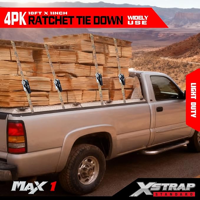 XSTRAP STANDARD Ratchet Tie Down Straps 4 Pk 10 Ft- 300 Lbs Load Cap- 900 Lbs Break Strength-Cargo Straps for Hunting, UTV, ATV, Pickup, Truck, Moving Appliances, Lawn Equipment, Camouflage