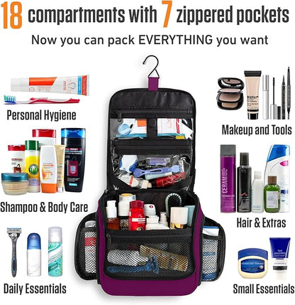 VENTURE 4TH Hanging Travel Toiletry Bag for Women & Men – Large Toiletry Organizer with 18 Compartments, Removable TSA Pouch, Travel Wash Bag for Toiletries, Makeup & Shaving Kit (Purple)
