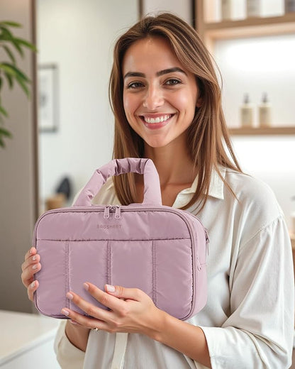 BAGSMART Travel Toiletry Bag, Puffy Large Toiletry Bag for Women, Lightweight Cosmetic Makeup Bag Organizer with Handle for Traveling, Accessories, Essentials, Toiletries (Purple)