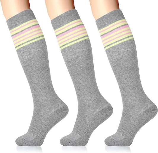 LIN PERFORMANCE Compression Socks for Women and Men 3 Pairs 8-15 mmHg Cotton Knee High Support Socks for Travel Sport