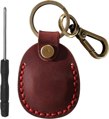 Genuine Leather AirTag Keyring Holder Compatible with Apple AirTags Keychain Leather, Anti Lost Secure Key Ring Case for Pet Collar Bag Travel Tracking, Protective Full Cover Air Tag Key Chain, Red