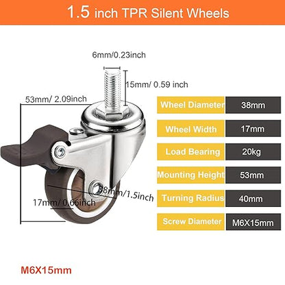 1.5" M6x15 Stem Casters Bolt Threaded Wheels,TPR Mute Rubber Swivel Single Caster Screws in Wheel Small with 2 Brake Locks-Brown