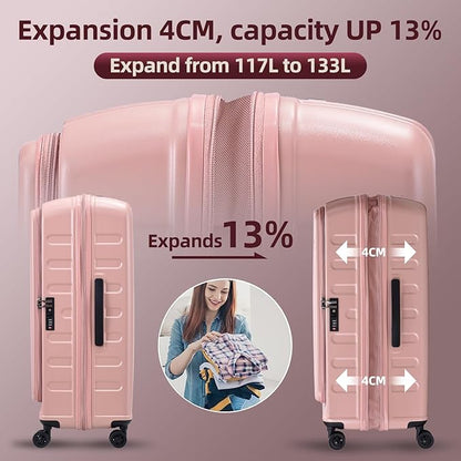 2 Pieces 20/29 Luggage Sets, 20 Inch Cabin Luggage with Front Pocket & 29 Inch Side Opening Suitcase, Ligthweight ABS+PC Hardshell, Pink