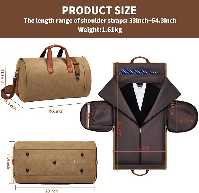 Convertible Garment Duffel Bag, Carry on Garment Bag for Travel Canvas Mens Suit Bag 2 in 1 Foldable Garment Bag with Shoulder Strap Weekender Bag with Shoe Pouch