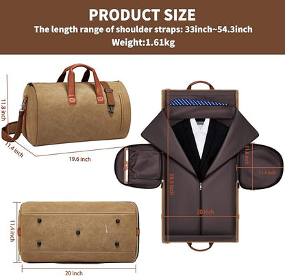 Convertible Garment Duffel Bag, Carry on Garment Bag for Travel Canvas Mens Suit Bag 2 in 1 Foldable Garment Bag with Shoulder Strap Weekender Bag with Shoe Pouch