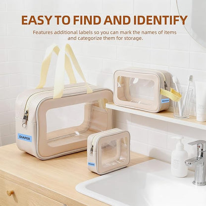 6PCS Diaper Bag Organizer Pouches Set, Waterproof Clear TPU Makeup Bag Set with Handles, 2 Large 2 Medium 2 Small Double Zippe Toiletry Travel Cube Bags Essentials for Women