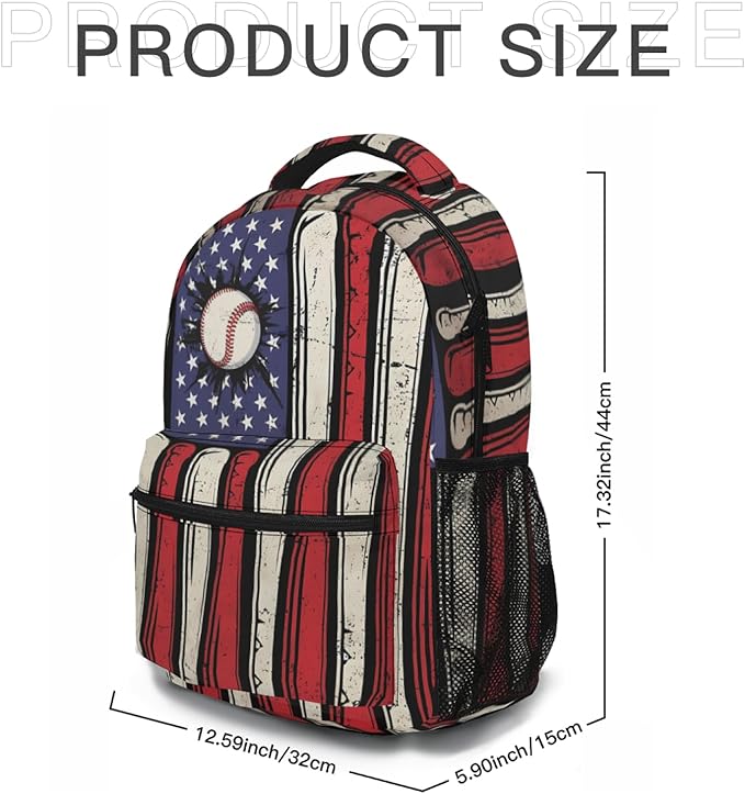 American Flag Baseball Print Backpack, Laptop Backpack with Multiple Pockets for Adult Hiking Travel Work 17 Inch