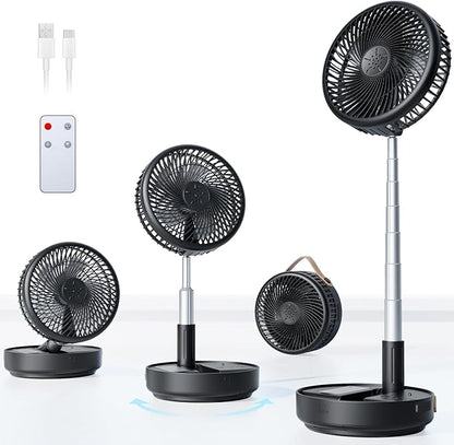 Portable Oscillating Travel Fan, 10400mAh Battery Operated Rechargeable USB Floor Table Desk Fan with Remote, 4 Speed Settings Pedestal Fan for Home Bedroom Office Camping Cruise, Black 8"