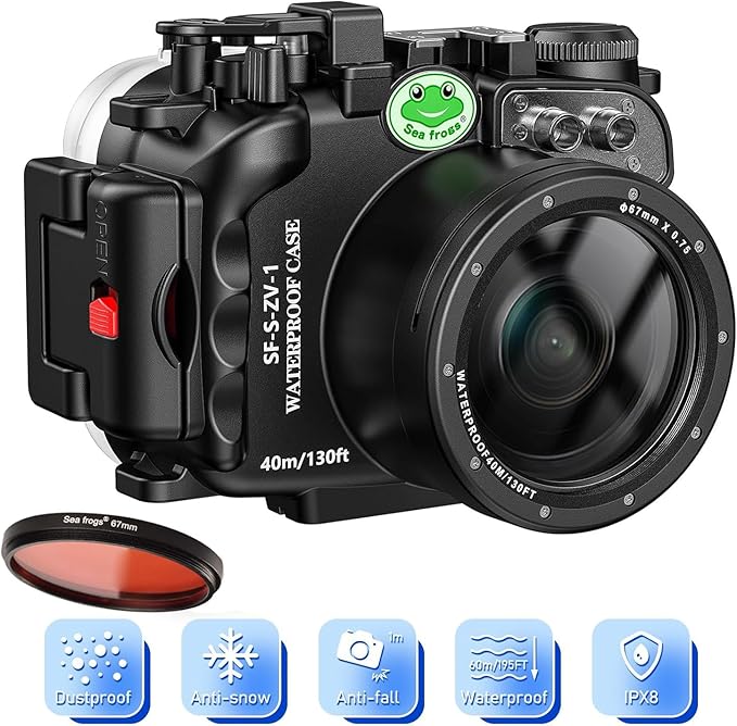 Sea frogs Camera Housing Compatible with Sony ZV-1, Waterproof IPX8 Rated, 40m/132ft Depth Protection Underwater Camera Case