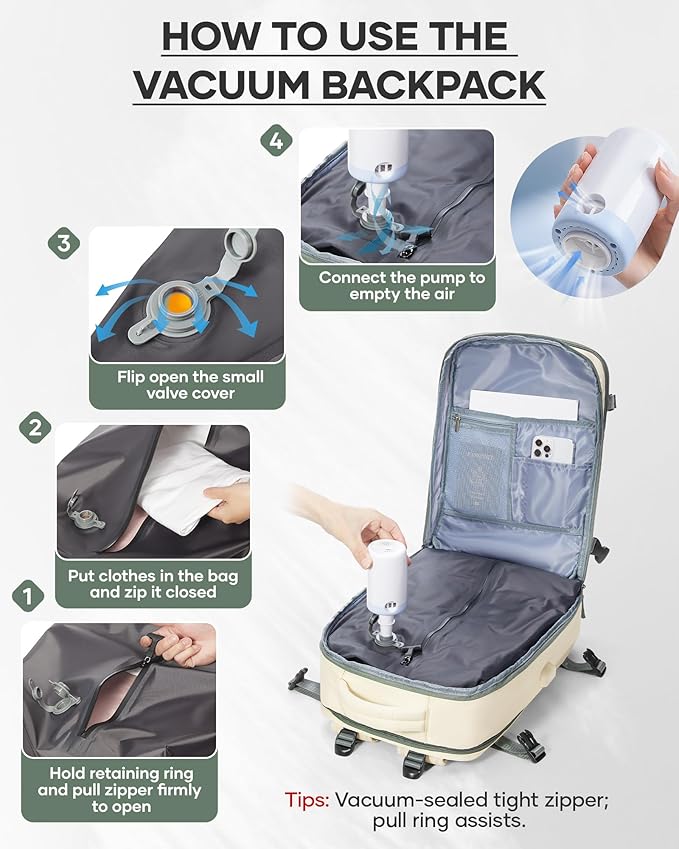wepadre Vacuum Backpack Travel with Pump Travel Backpack with Vacuum System Easy Vac Pack Backpacks Vacpack Compression Backpacks Mochila de Viaje Compresion al Vacio Beige with green