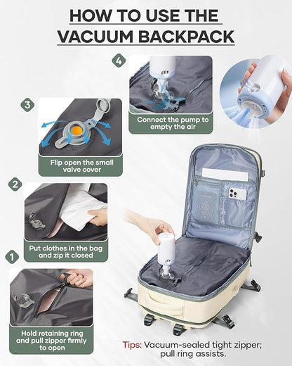 wepadre Vacuum Backpack Travel with Pump Travel Backpack with Vacuum System Easy Vac Pack Backpacks Vacpack Compression Backpacks Mochila de Viaje Compresion al Vacio Beige with green