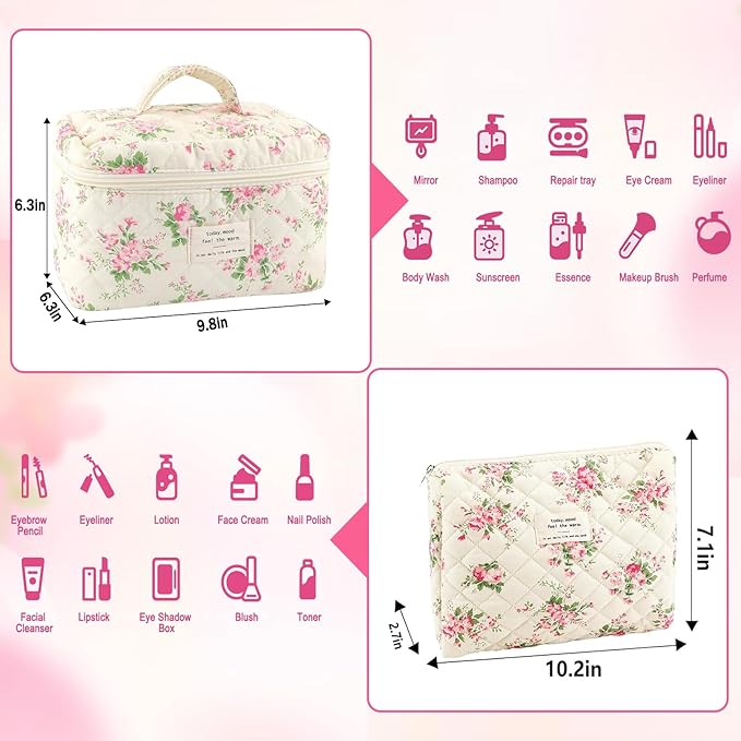 2Pcs Cotton Quilted Makeup Bag for Women Extra Large Small Travel Cosmetic Bag Set Cute Pink Floral Print Makeup Pouch Portable Toiletry Bag Organizer Coquette Vintage Puffy Travel Essential