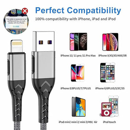 Durcord 3Pack 3FT USB A Cable, MFi Certified iPhone Charger, Fast Charging, Compatible with iPhone Xs Max/XS/XR/X/8/7/6S/6/Plus/SE/iPad(Silver)