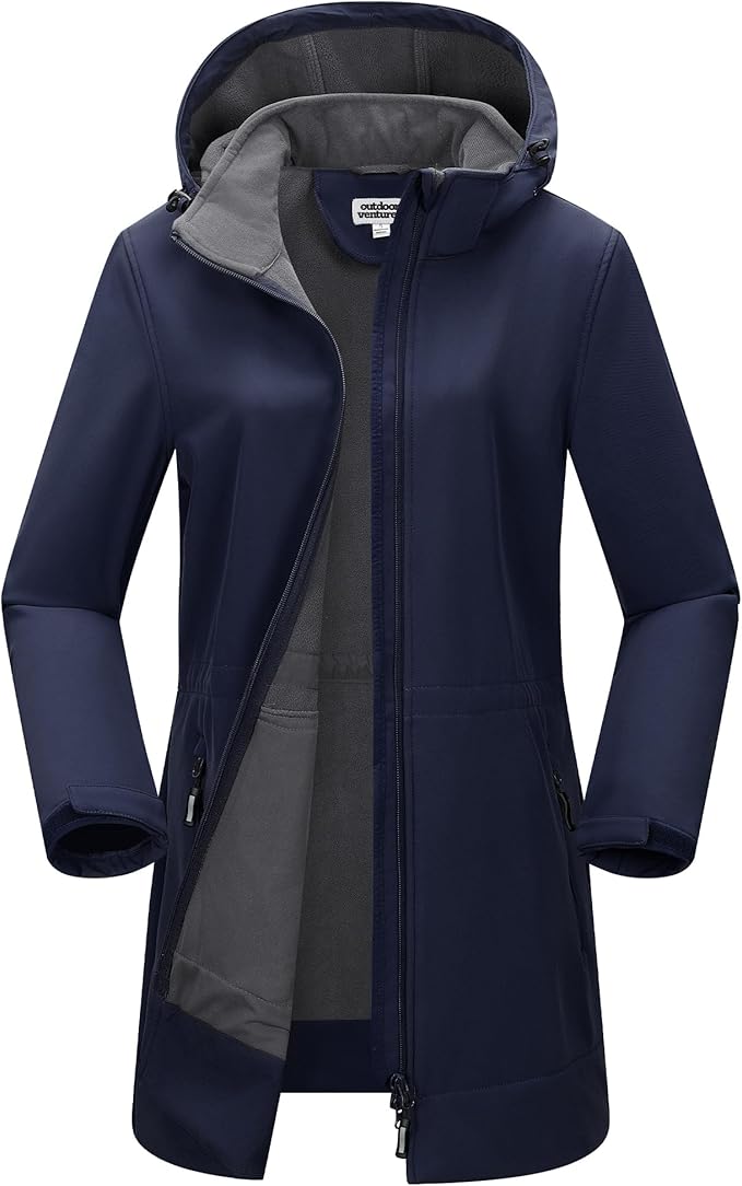 Outdoor Ventures Women's Softshell Jacket with Removable Hood Fleece Lined Windbreaker Insulated Long Warm Rain Jacket