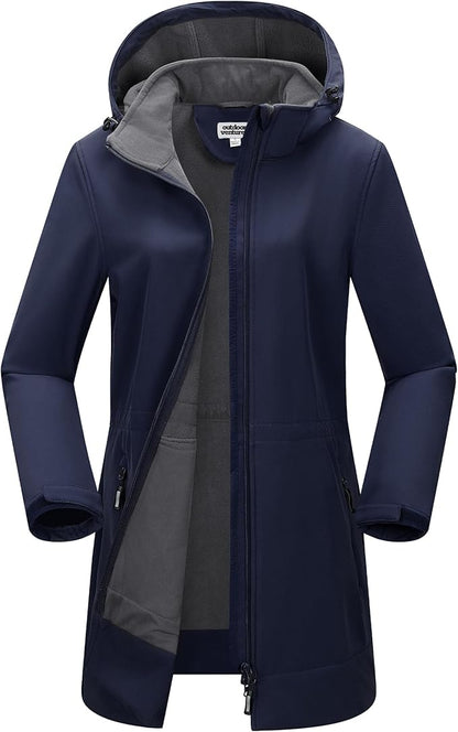 Outdoor Ventures Women's Softshell Jacket with Removable Hood Fleece Lined Windbreaker Insulated Long Warm Rain Jacket