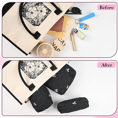Quilted Makeup Bag Set,3 Pcs Puffy Cosmetic Bags Aesthetic Make Up Bags,Small Zipper Pouch,Travel Toiletry Bag Purse Organizer Pouches for Women (Black-Bow)