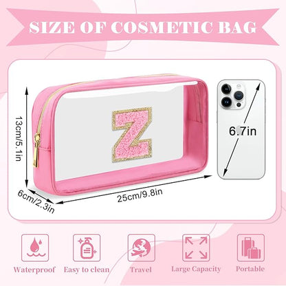 Personalized Initial Letter Clear Makeup Bag,Preppy Small Nylon&PVC Cosmetic Zipper Bag with Chenille Letter,Portable Beach Travel Skincare Toiletry Bag,Trendy Monogram Gift for Teen Girls Women,Z