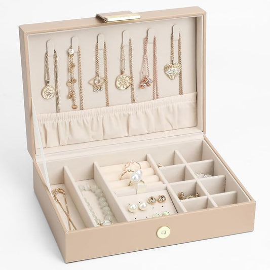 Tangle-Free Jewelry Organizer Single Layer Case with Secure Leather Strap for Necklaces, Rings, Earrings, Elegant Travel & Home Storage Apricot
