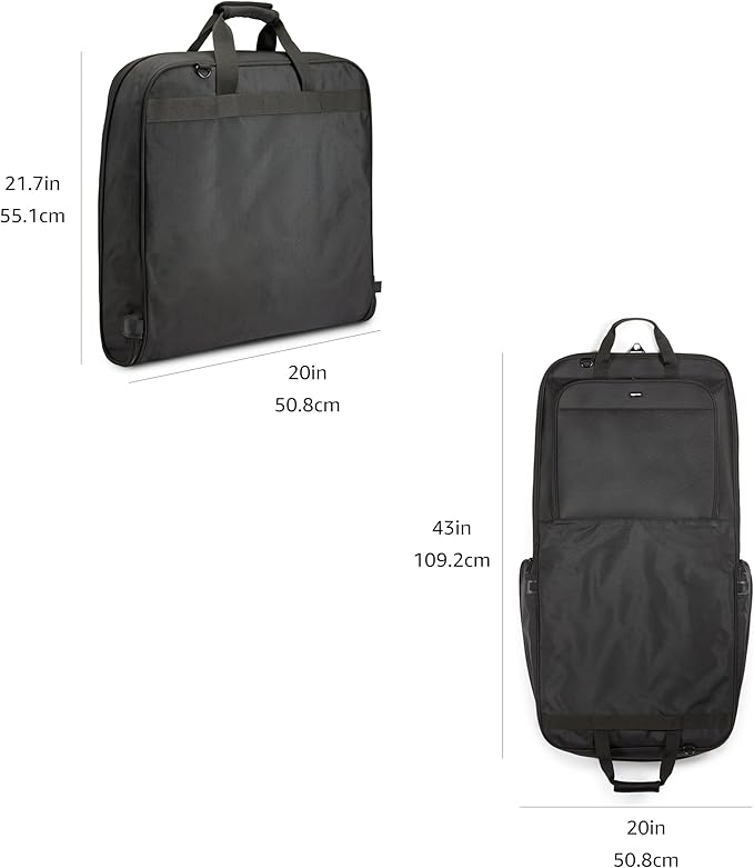 Amazon Basics 43" Premium Garment Bag for Travel, Suit Bag with Shoulder Strap for Suits and Dresses, 1680D Polyester Fabric, Exterior/Interior Pockets, Leather-reinforced Corners, Trifold, Black