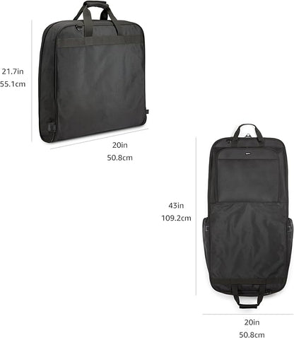 Amazon Basics 43" Premium Garment Bag for Travel, Suit Bag with Shoulder Strap for Suits and Dresses, 1680D Polyester Fabric, Exterior/Interior Pockets, Leather-reinforced Corners, Trifold, Black
