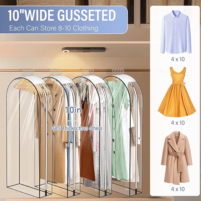 10" Gusseted All Clear Garment Bags - 4 Pack 60" Hanging Clothes Storage Bags for Suits, Coats, Dresses, Shirts - Side Zipper, Breathable Fabric, Dustproof, Waterproof PEVA Material (60 inch)