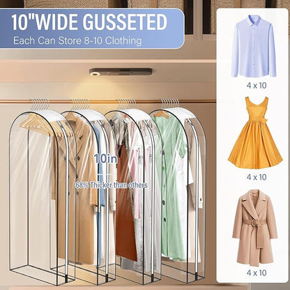 10" Gusseted All Clear Garment Bags - 4 Pack 60" Hanging Clothes Storage Bags for Suits, Coats, Dresses, Shirts - Side Zipper, Breathable Fabric, Dustproof, Waterproof PEVA Material (60 inch)