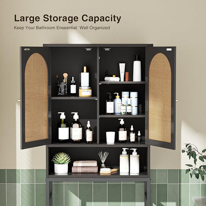 Rattan Toilet Storage Cabinet, Over The Rack Wood Cabinet with Metal Stand, Bathroom Organizer with Adjustable Shelf, Tall Freestanding Washer Shelf, Small Cupboard, Space Saver, Natural style, Black