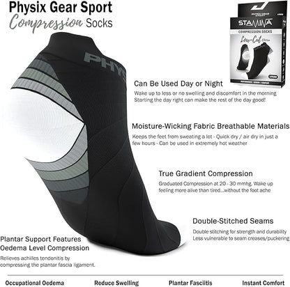 Physix Gear Short Compression Socks for Men & Women - Best Low Compression Socks Women & Men Ankle Socks with Arch Support