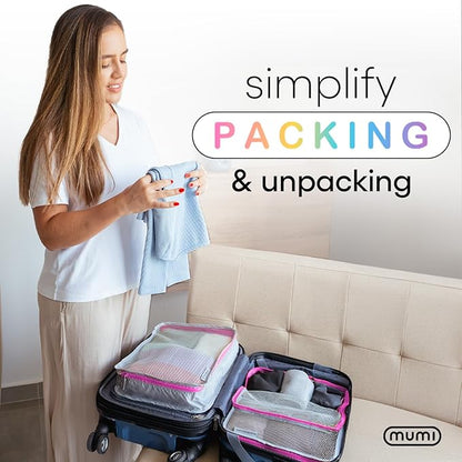 MUMI Packing Cubes - 5 Compression Packing Cubes for Travel, Luggage Organizer Bags for Suitcases, Carry-On, Duffle or Backpack – Mesh, Waterproof Bags for Clothes, Kids & Travel Accessories - Pink