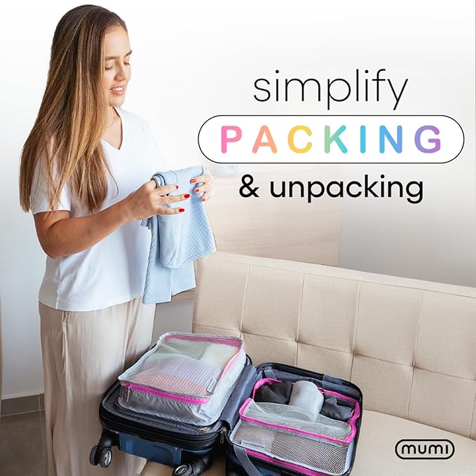 MUMI Packing Cubes - 5 Compression Packing Cubes for Travel, Luggage Organizer Bags for Suitcases, Carry-On, Duffle or Backpack – Mesh, Waterproof Bags for Clothes, Kids & Travel Accessories - Orange