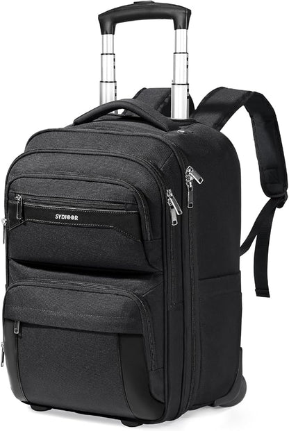Rolling Backpack, 17.7inch Rolling Backpack With Wheels for Adults, Roller Carry On Luggage Wheeled Backpack, Rolling Laptop Backpack for Men Women to Travel Business, Black