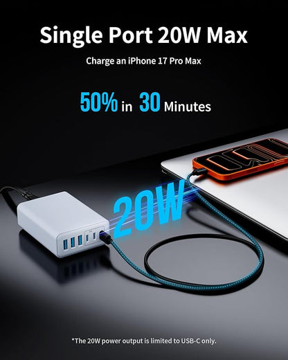 USB C Charger Block, 105W Max GaN 6-Port Fast Desktop Charging Station, Wall Charger Power Strip Adapter Plug for iPhone 17/16/15, iPad, Samsung and More (Cable Organizer Included)