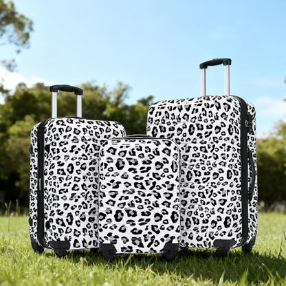 Merax Leopard Print Luggage Sets, 3 Piece Expandable Suitcase Set with Spinner Wheels,Large Checked Travel Suitcases and Carry On Travel Luggage, 100% PC, TSA Lock,White+Black(20in/24in/28in)
