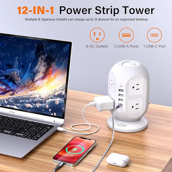 AiJoy Surge Protector Power Strip Tower with 8 Outlets 4 USB Ports(1 USB-C), 10 FT Flat Extension Cord with Multiple Outlets, Charging Tower with Surge Protection for Home Office Dorm Room Essentials