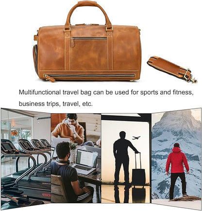 Full-grain Leather Travel Bag Large Capacity Duffel Luggage Bag with Shoe Compartment, Men Weekend Overnight Bag for Business Holiday Trip, Light Brown