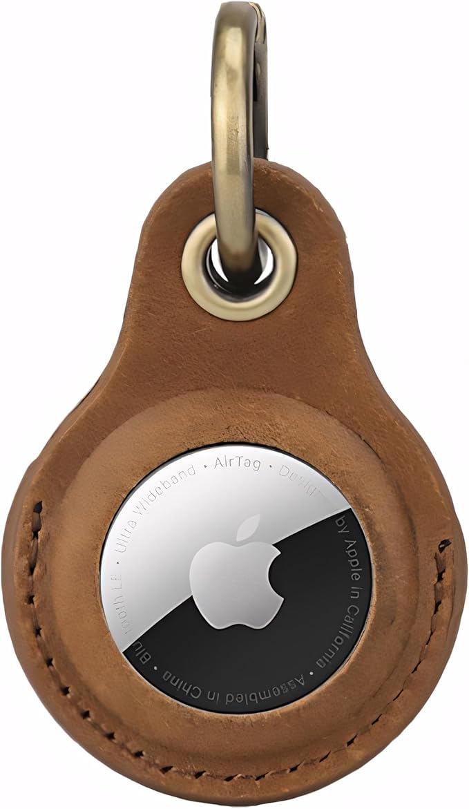 Genuine Leather AirTag Keyring Holder Compatible with Apple AirTags Keychain Cover, Anti Lost Secure Key Ring Case for Pet Collar Bags Luggage Tracking Travel, Protective Air Tag Key Chain Fob, Brown