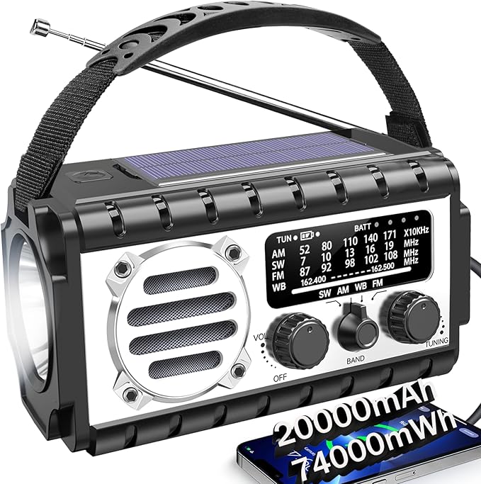 Emergency Radio, 20000mAh/74000mWh Weather Radio, Solar Hand Crank Radio with AM/FM/NOAA/SW Weather,Flashlight & Reading Lamp, SOS Alarm, Phone Charger for Indoor Outdoor Emergency