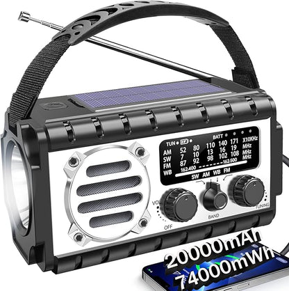 Emergency Radio, 20000mAh/74000mWh Weather Radio, Solar Hand Crank Radio with AM/FM/NOAA/SW Weather,Flashlight & Reading Lamp, SOS Alarm, Phone Charger for Indoor Outdoor Emergency